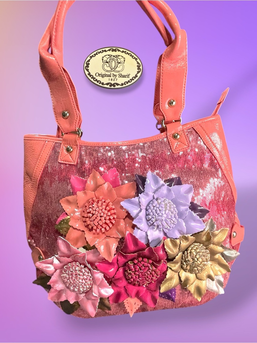 Vintage Original by Sharif 1827 Sequin Flower Tote 3D Floral Shoulder Bag